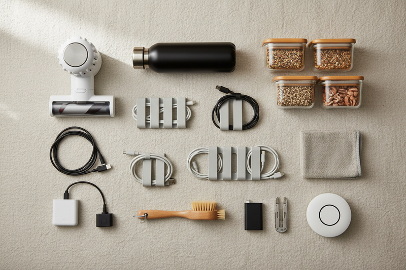 Flat lay of daily utility essentials including cable organizers, storage containers, cleaning tools, reusable water bottle, charging cables, and small household gadgets, neatly arranged on a light neutral background, modern practical aesthetic, soft natural lighting, minimal composition, high-resolution eCommerce photography, no text, no people, no logos