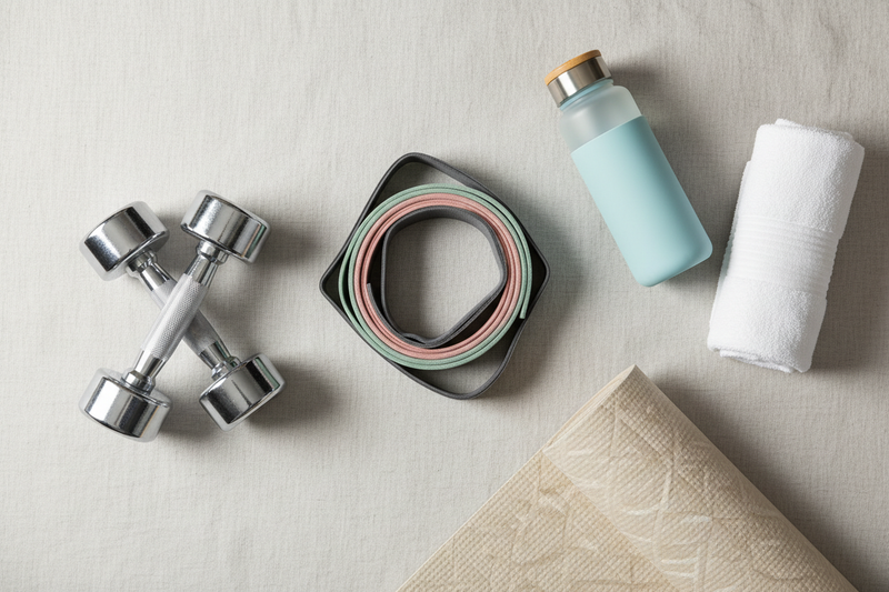 Flat lay of fitness and wellness essentials including resistance bands, dumbbells, yoga mat corner, water bottle, and fitness towel, neatly arranged on a light neutral background, modern active lifestyle aesthetic, soft natural lighting, clean minimal composition, high-resolution eCommerce photography, no text, no people, no logos
