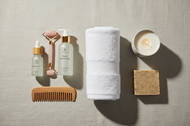 Flat lay of self-care and grooming essentials including skincare bottles, face roller, comb, soft towel, candle, and natural soap, arranged neatly on a light beige background, calming spa-like mood, soft natural lighting, minimal composition, high-resolution eCommerce photography, no text, no people, no logos