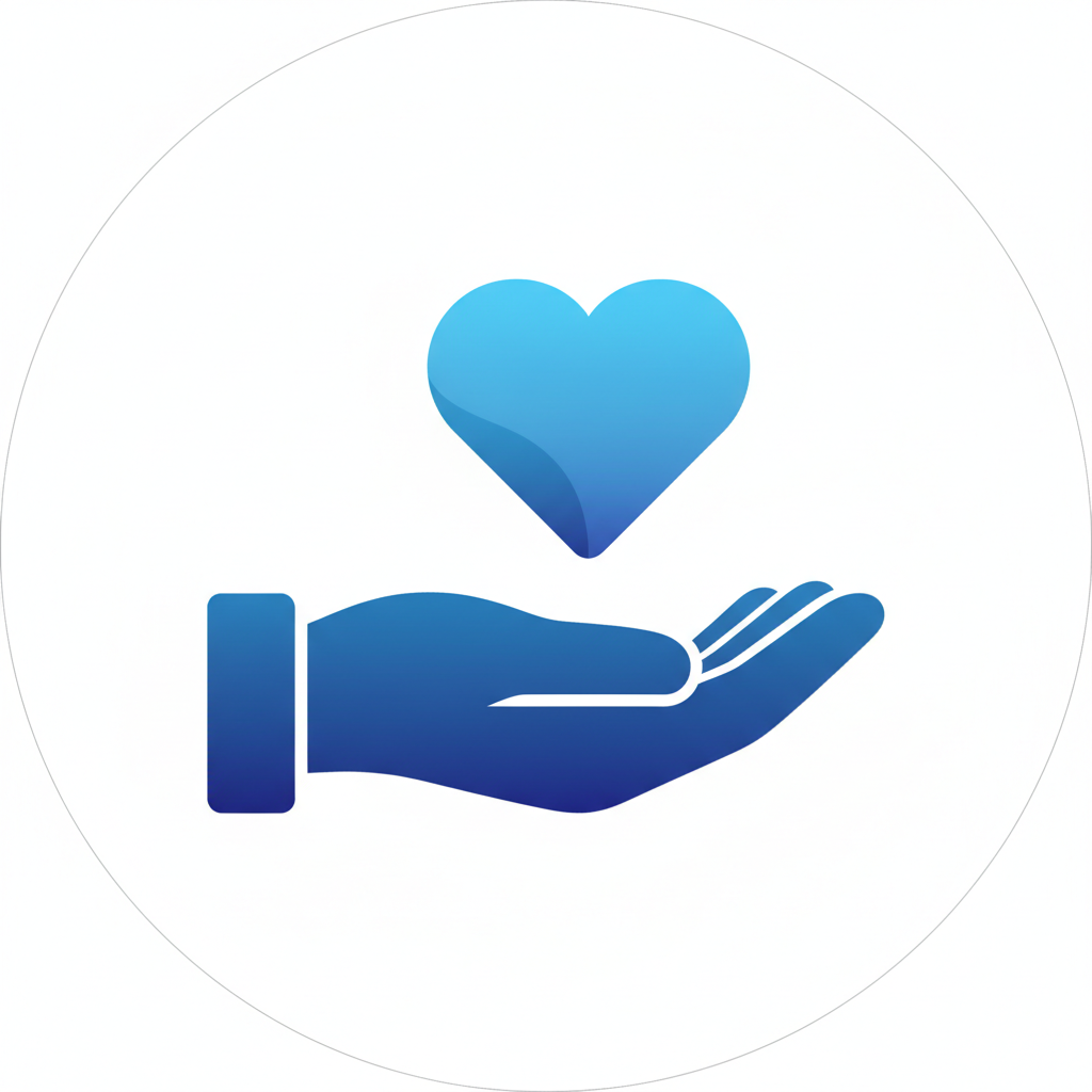 On hand heart blue icon